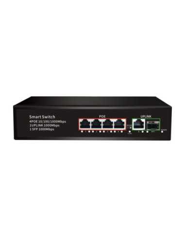 PoE Gigabit Суич 10/100/1000, 4 ports + 1 Uplink x 1000Mbit, +1 Uplink SFP, 10Gbps IEEE802.3af/at, 65W, 250m