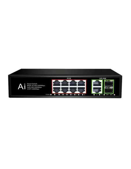 PoE Gigabit Суич 10/100/1000, 8 ports + 2 Uplink x 1000Mbit, +2 SFP, 20Gbps IEEE802.3af/at, 120W, 250m