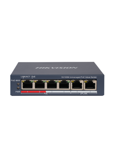 PoE Суич HikVision DS-3E0106P-E/M(B) 4+2 x 100Mb, 45W, L2, Unmanaged 802.3af/at